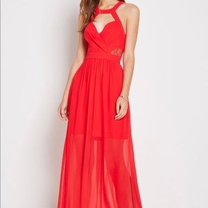 BCBG red lace trim evening dress